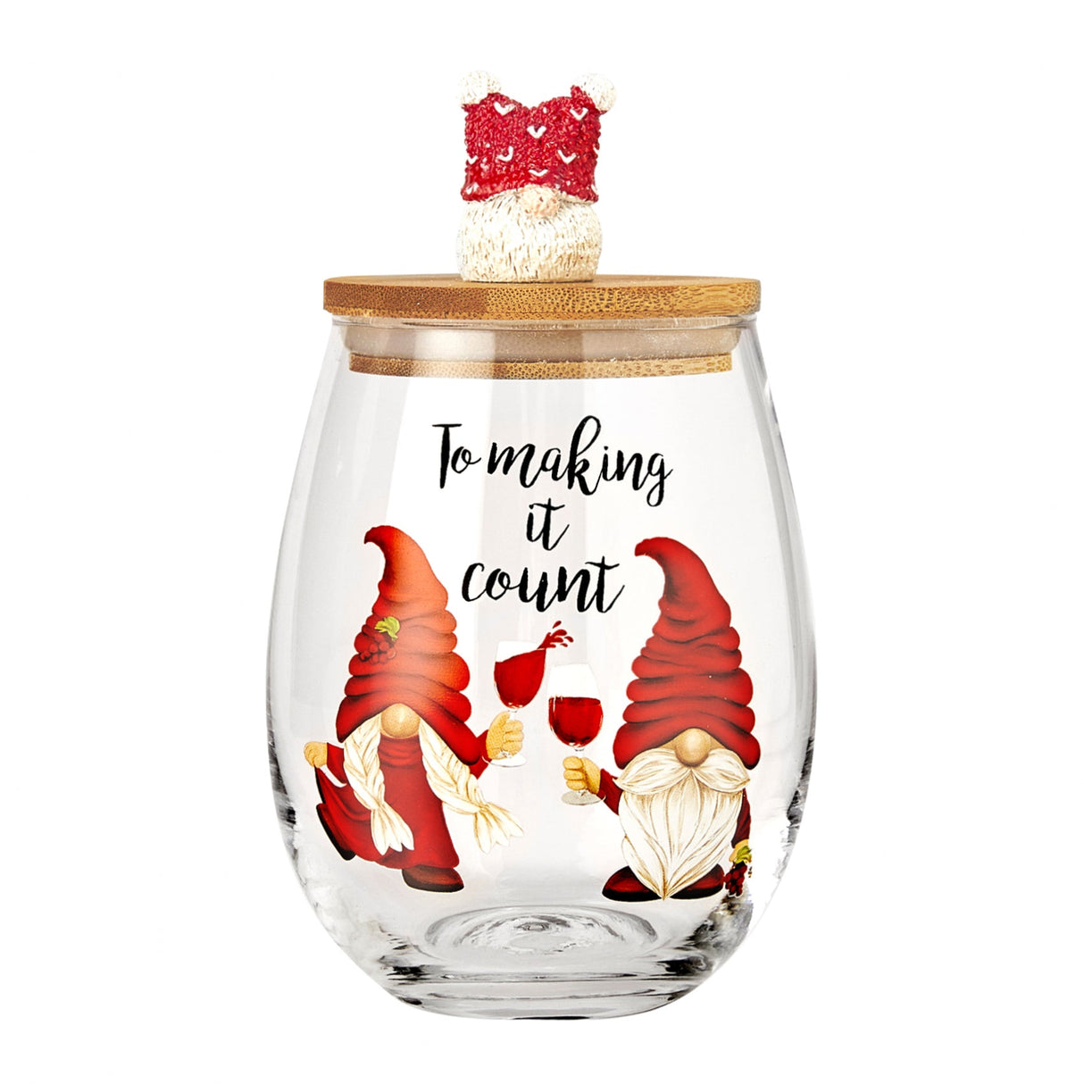 Christmas Gnome Wine & Water Glasses With Dwarf Wood Cover - Set of 2-17.5oz - Santa Holiday Festive Gnomes Stemless Clear Wine Glass For Red Or White Wine - Wines Glass for Women Friends Men Sister-4