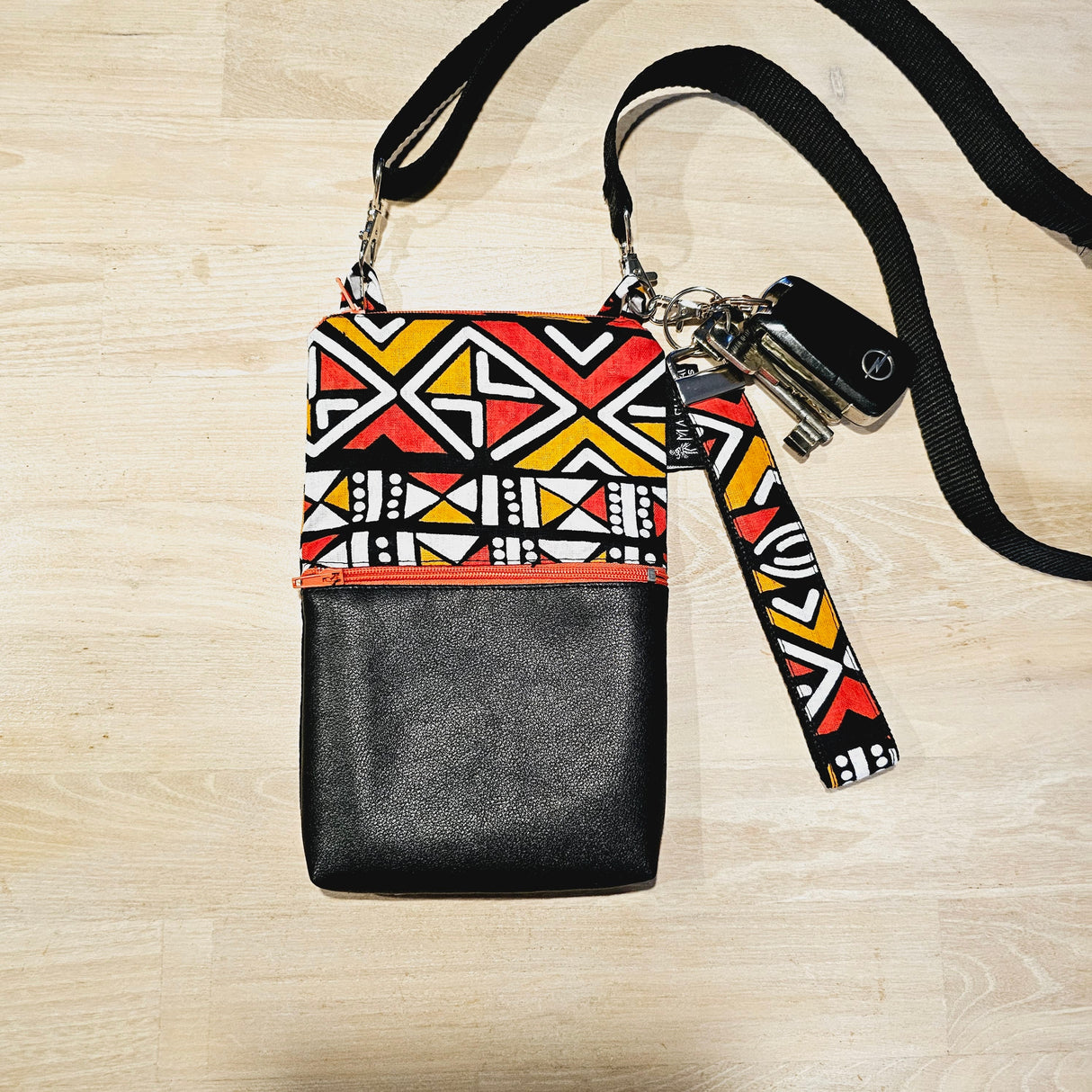 Handmade Phone Bag and Keyfob Set | African Ankara Print Fabric | Vegan Leather Detail | Adjustable Shoulder Strap-0