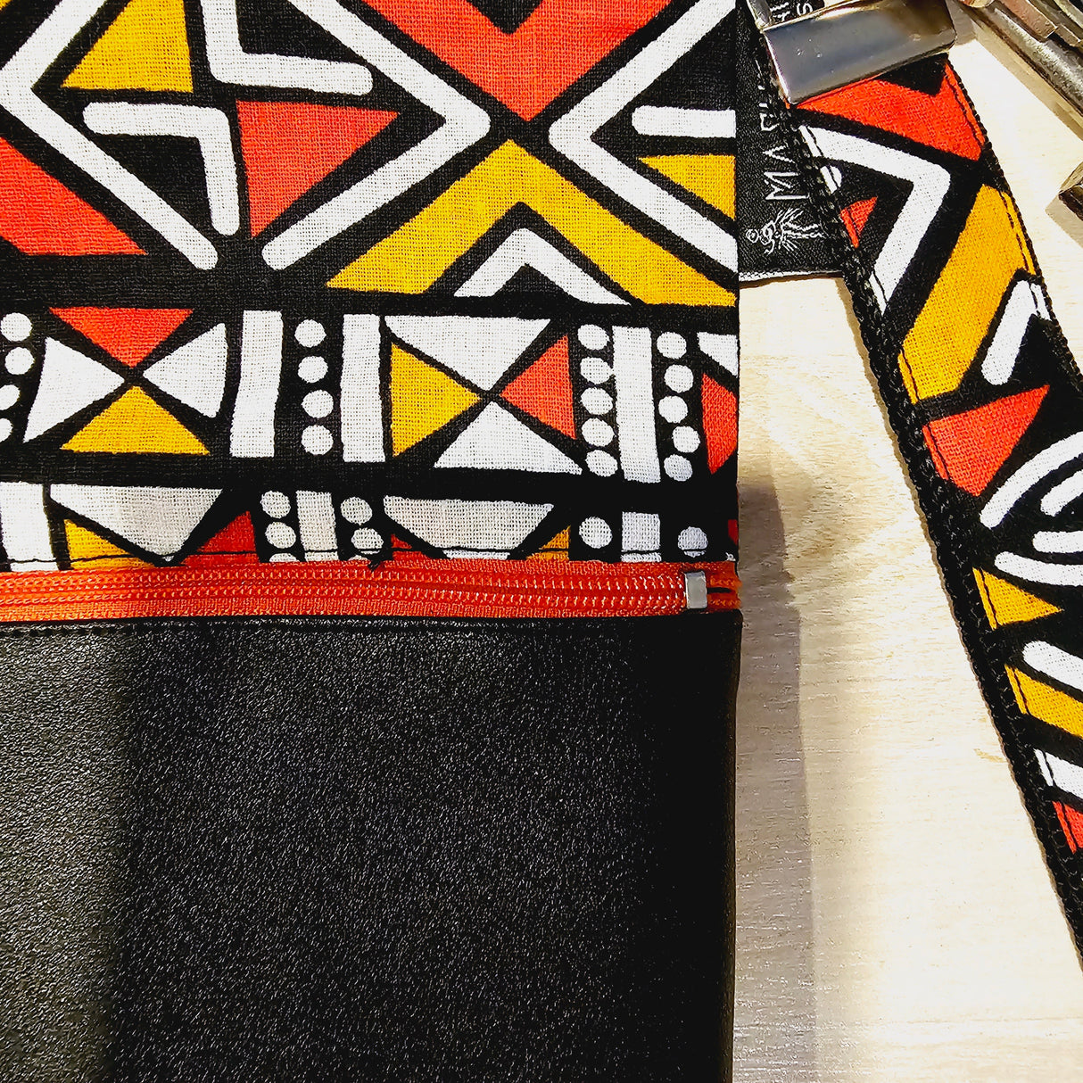 Handmade Phone Bag and Keyfob Set | African Ankara Print Fabric | Vegan Leather Detail | Adjustable Shoulder Strap-1