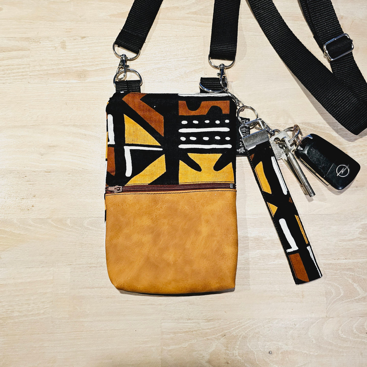 Handmade Phone Bag and Keyfob Set | African Ankara Print Fabric | Vegan Leather Detail | Adjustable Shoulder Strap-0