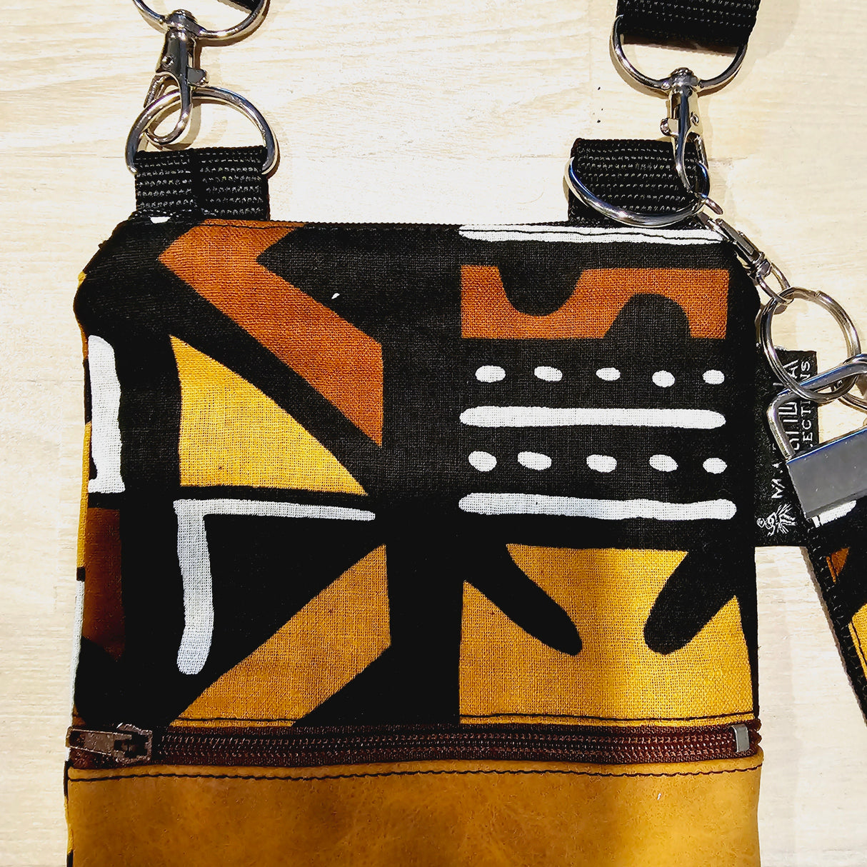 Handmade Phone Bag and Keyfob Set | African Ankara Print Fabric | Vegan Leather Detail | Adjustable Shoulder Strap-1