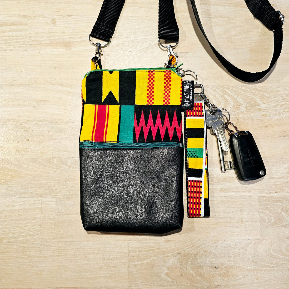 Handmade Phone Bag and Keyfob Set | African Ankara Print Fabric | Vegan Leather Detail | Adjustable Shoulder Strap-0