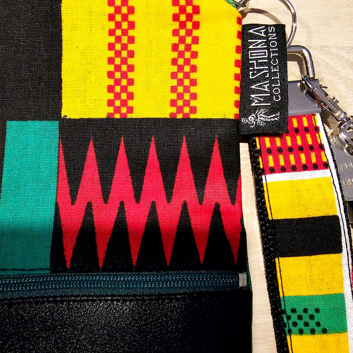 Handmade Phone Bag and Keyfob Set | African Ankara Print Fabric | Vegan Leather Detail | Adjustable Shoulder Strap-2