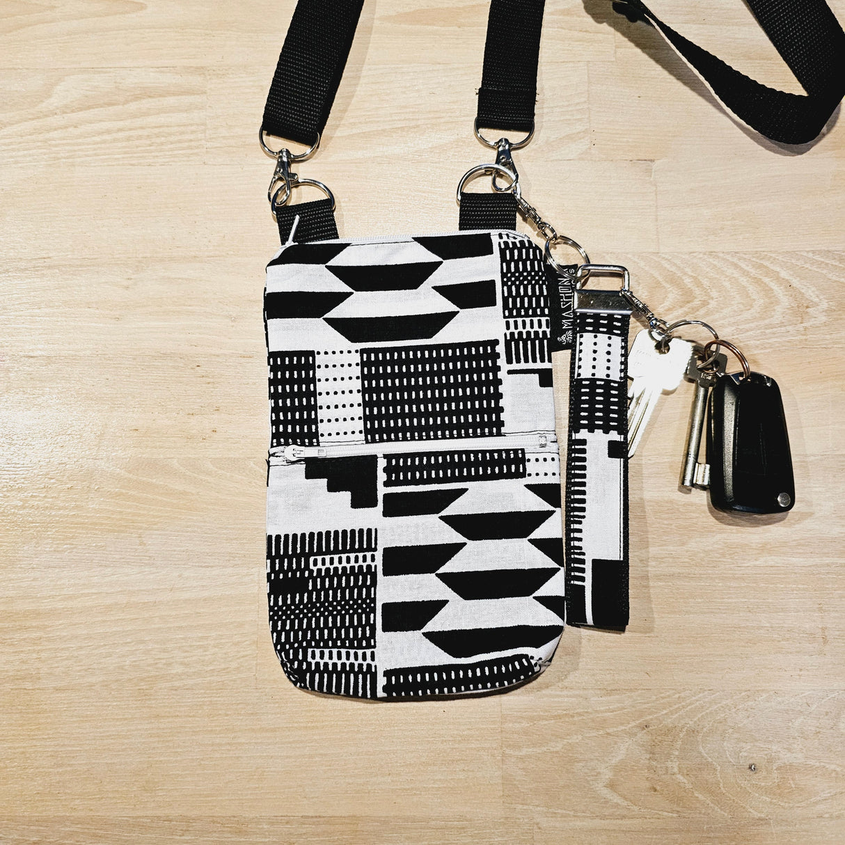 Handmade Phone Bag and Keyfob Set | African Ankara Print Fabric | Vegan Leather Detail | Adjustable Shoulder Strap-0