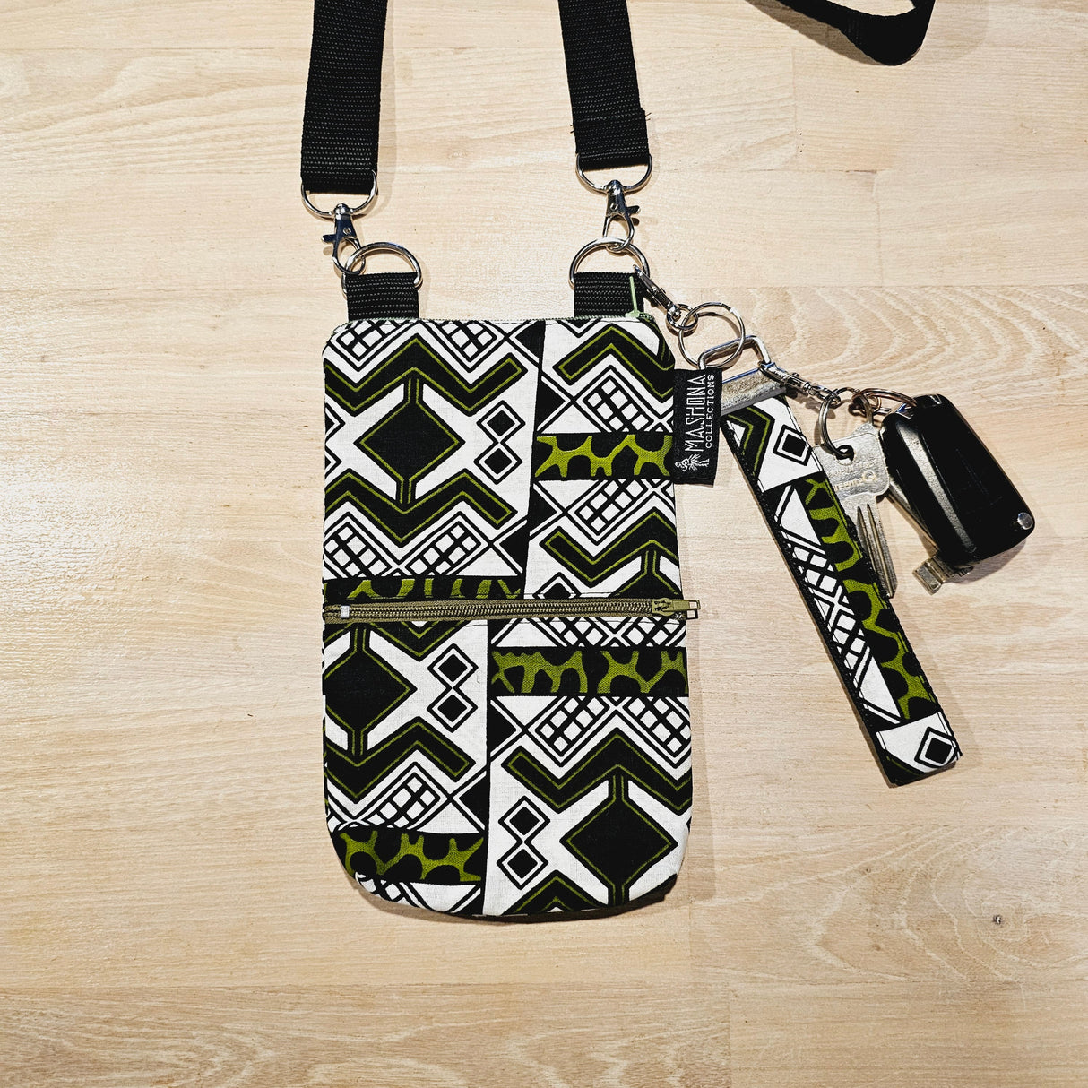 Handmade Phone Bag and Keyfob Set | African Ankara Print Fabric | Vegan Leather Detail | Adjustable Shoulder Strap-0