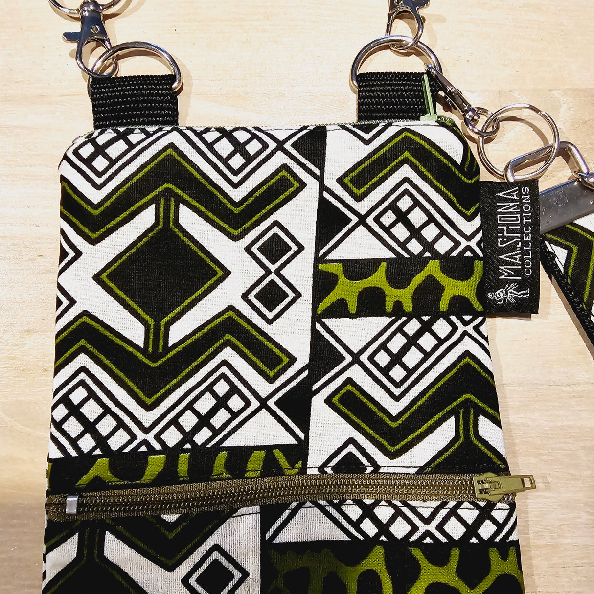 Handmade Phone Bag and Keyfob Set | African Ankara Print Fabric | Vegan Leather Detail | Adjustable Shoulder Strap-1