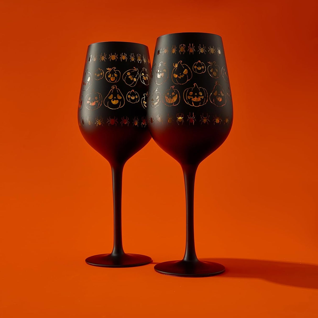 Crystal Halloween Stemmed Wine Glasses - Set of 2 - Pumpkin Themed Vibrant Black & Gold Spooky Ghost Pattern Frosted Glass, Perfect for Themed Gothic Parties Trick Or Treat Gifts for Him Her (14 OZ)-1