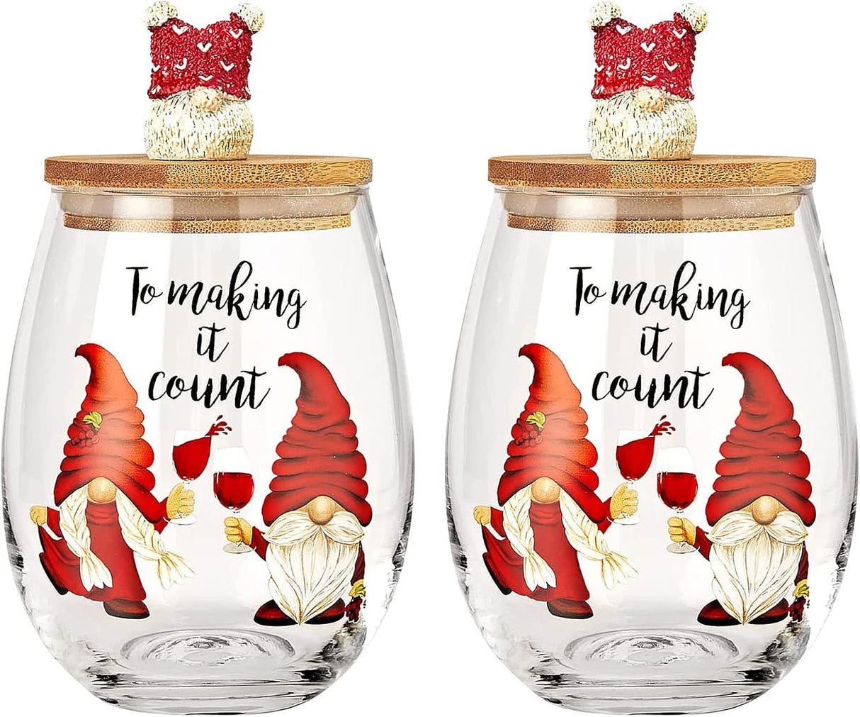 Christmas Gnome Wine & Water Glasses With Dwarf Wood Cover - Set of 2-17.5oz - Santa Holiday Festive Gnomes Stemless Clear Wine Glass For Red Or White Wine - Wines Glass for Women Friends Men Sister-0