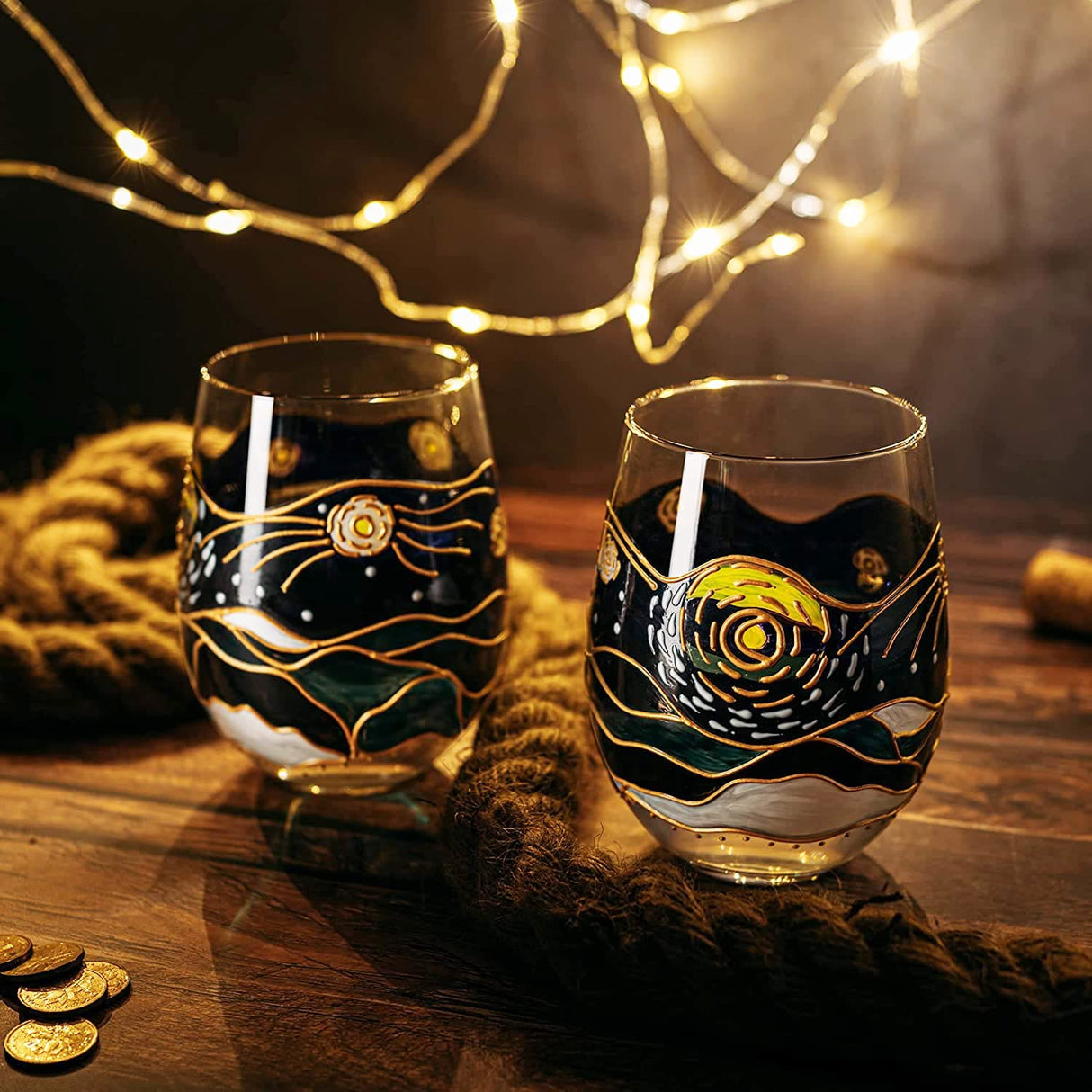 Vincent Van Gogh Wine Glasses Artisanal Hand Painted Stemless Set of 2 - The Wine Savant - 2 Set of Tumblers - Artistic Gift Idea for Her, Him, Birthday, Housewarming - Extra Large Goblets (18.5 OZ)-3