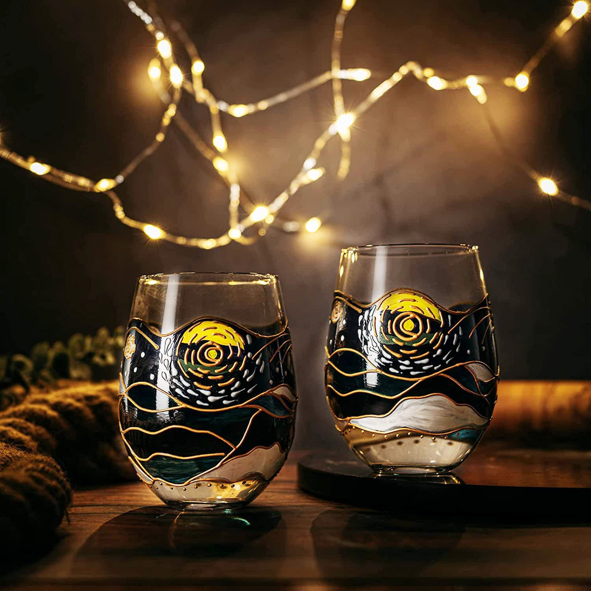 Vincent Van Gogh Wine Glasses Artisanal Hand Painted Stemless Set of 2 - The Wine Savant - 2 Set of Tumblers - Artistic Gift Idea for Her, Him, Birthday, Housewarming - Extra Large Goblets (18.5 OZ)-2