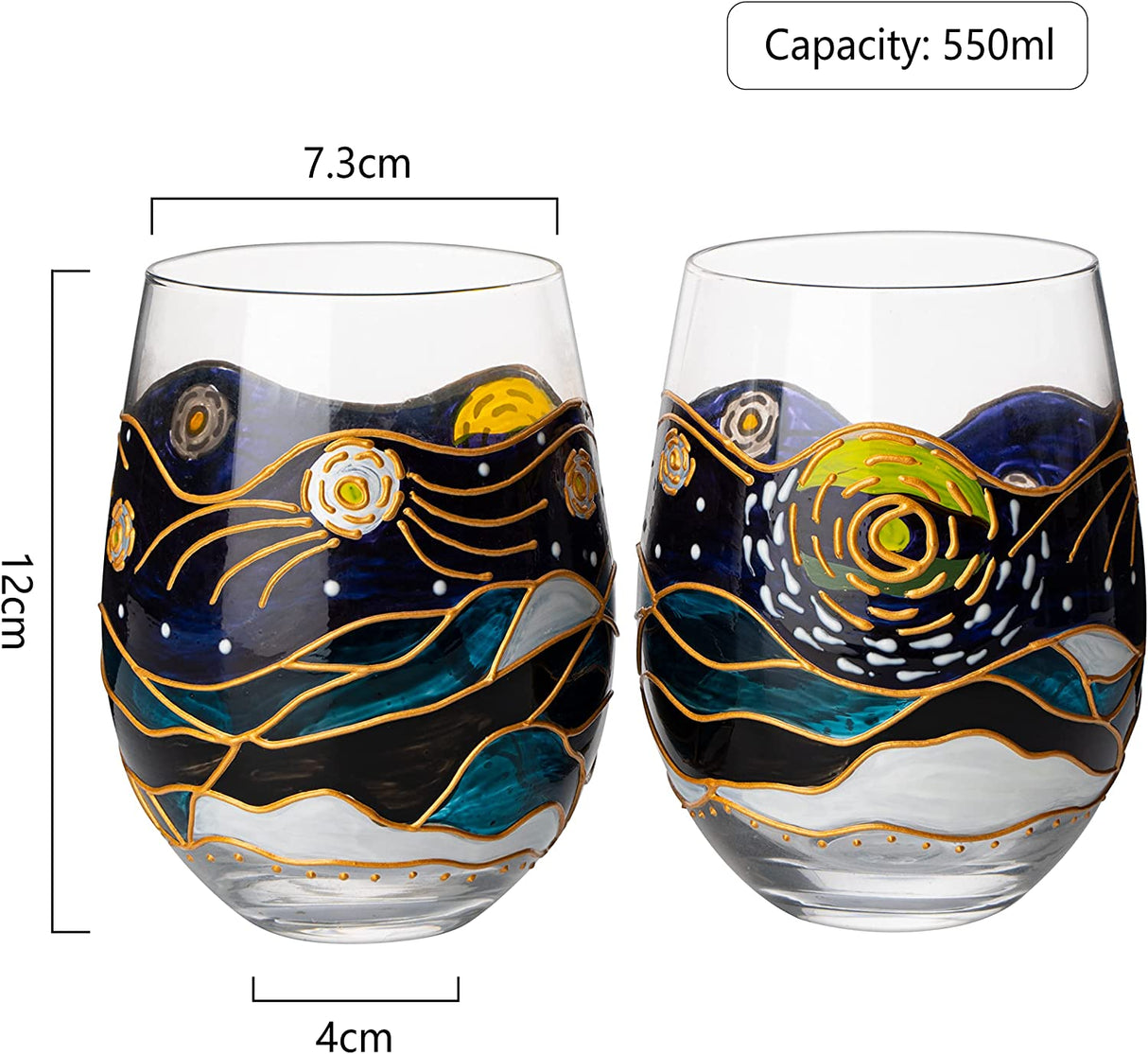 Vincent Van Gogh Wine Glasses Artisanal Hand Painted Stemless Set of 2 - The Wine Savant - 2 Set of Tumblers - Artistic Gift Idea for Her, Him, Birthday, Housewarming - Extra Large Goblets (18.5 OZ)-4