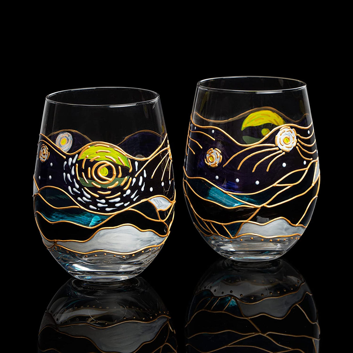 Vincent Van Gogh Wine Glasses Artisanal Hand Painted Stemless Set of 2 - The Wine Savant - 2 Set of Tumblers - Artistic Gift Idea for Her, Him, Birthday, Housewarming - Extra Large Goblets (18.5 OZ)-1
