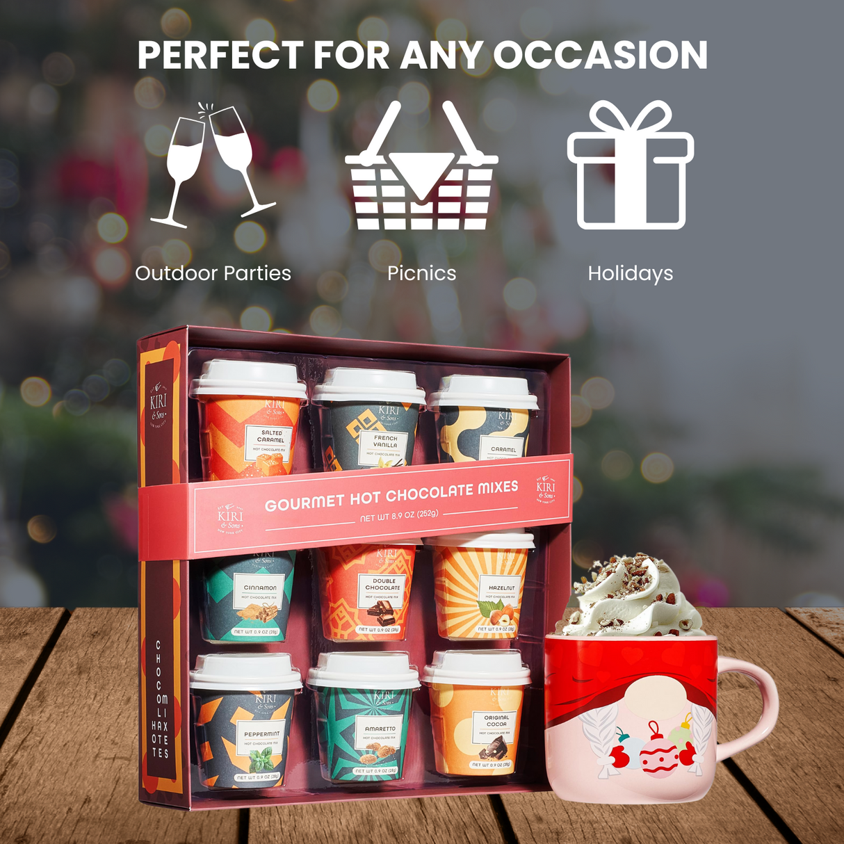 Gourmet Hot Cocoa Gift Set Cup Hot Chocolates - Set of 9 Flavors - Salted Caramel, French Vanilla, Caramel, Gingerbread, Mint, Amaretto & More - Holiday Christmas Gifts For Her, Him, Kids-2