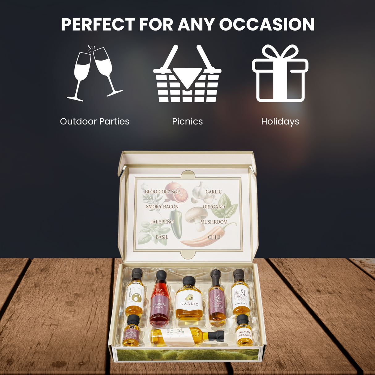 Olive Oil Gourmet Sampler Gift Set of 8 - Premium Extra-Virgin Olive Oil Made In Spain, Natural Flavors Include Mushroom, Chili, Garlic, Oregano, Blood Orange, Smoky Bacon, Jalapeno, Basil-2