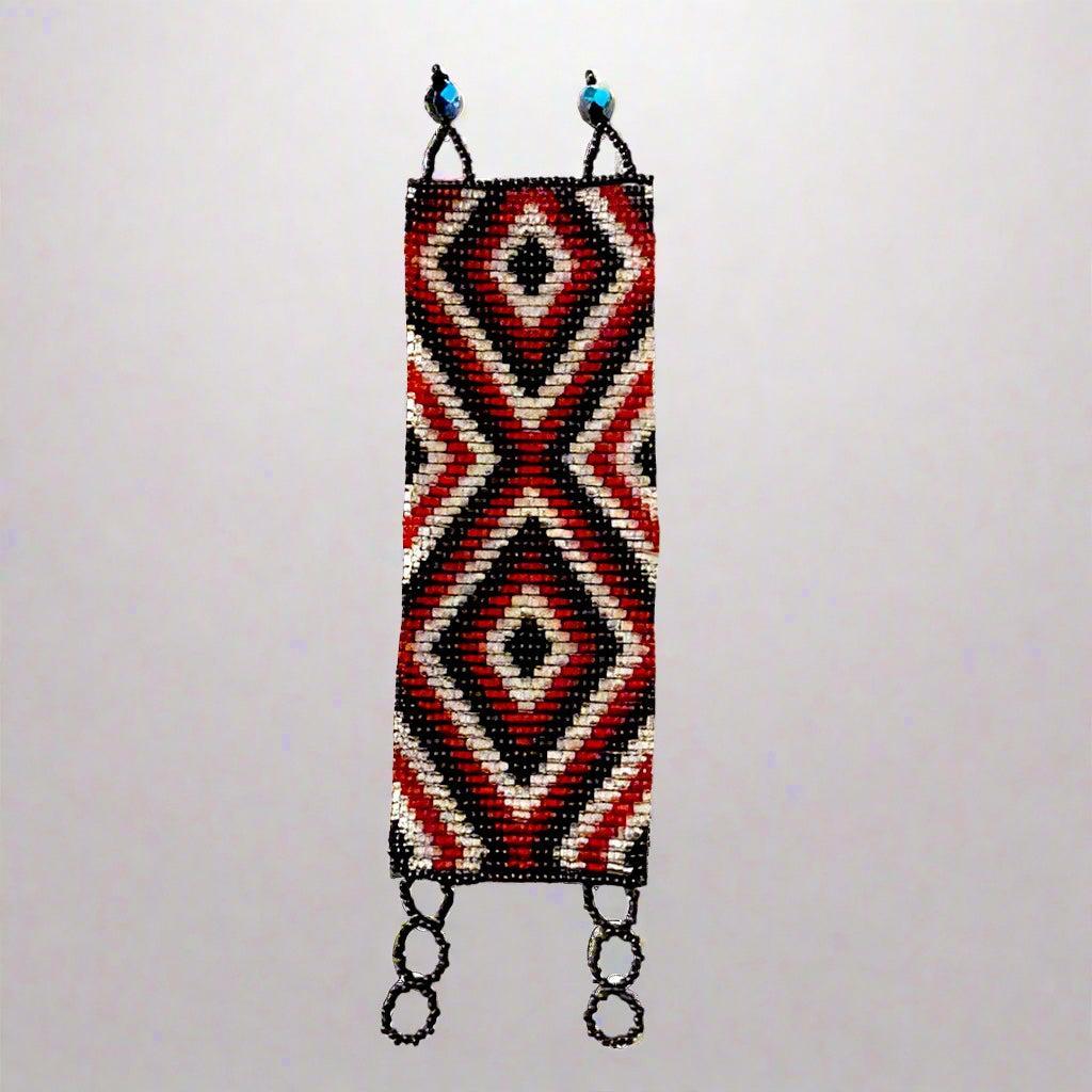 Handwoven Seed Bead Bracelet – Diamond Pattern in Red and Black -Guatemala