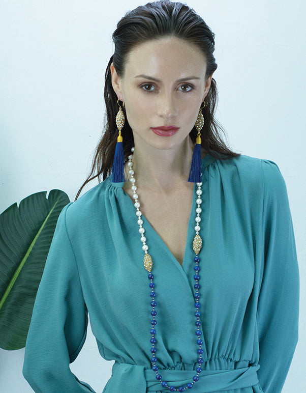 Oval Pearl Rhinestone With Deep Blue Tassel Earrings CE003-0