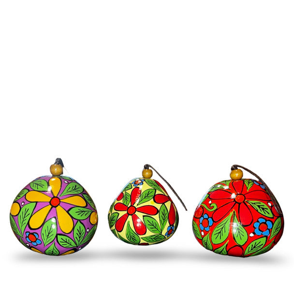 Flowers and Leaves Artisan Painted Gourd Ornament 3 Pack Assorted