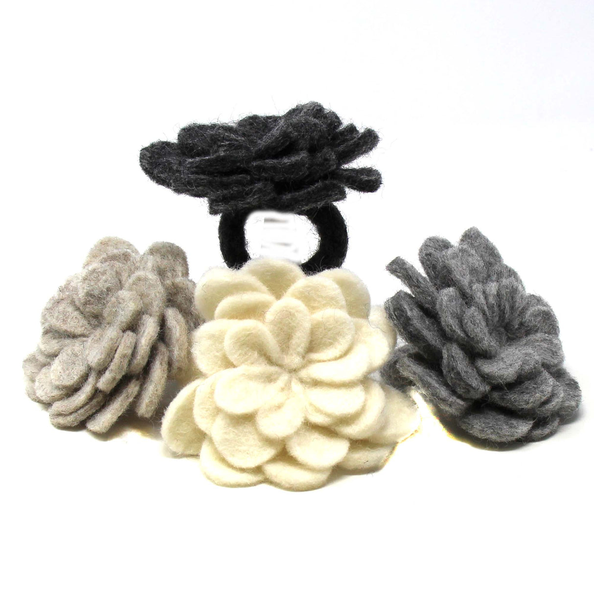 Hand Crafted Felt: Set of 4 Napkin Rings, Assorted Neutral Color Zinnias