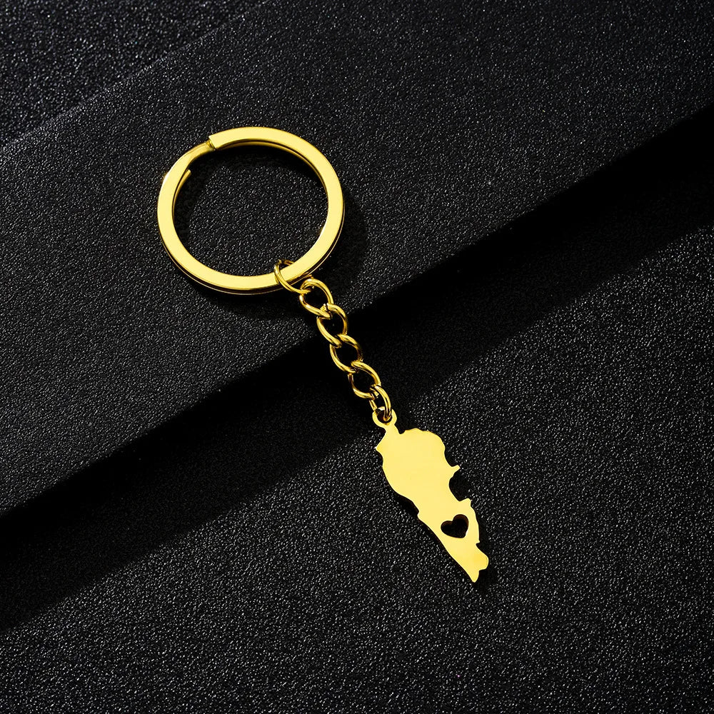 Enameled Lebanon Flag Map Charm Keychain Stainless Steel 18K Gold Plated Key Chain-13
