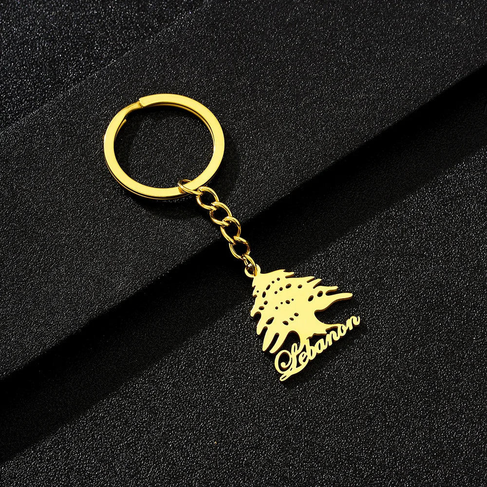 Enameled Lebanon Flag Map Charm Keychain Stainless Steel 18K Gold Plated Key Chain-21