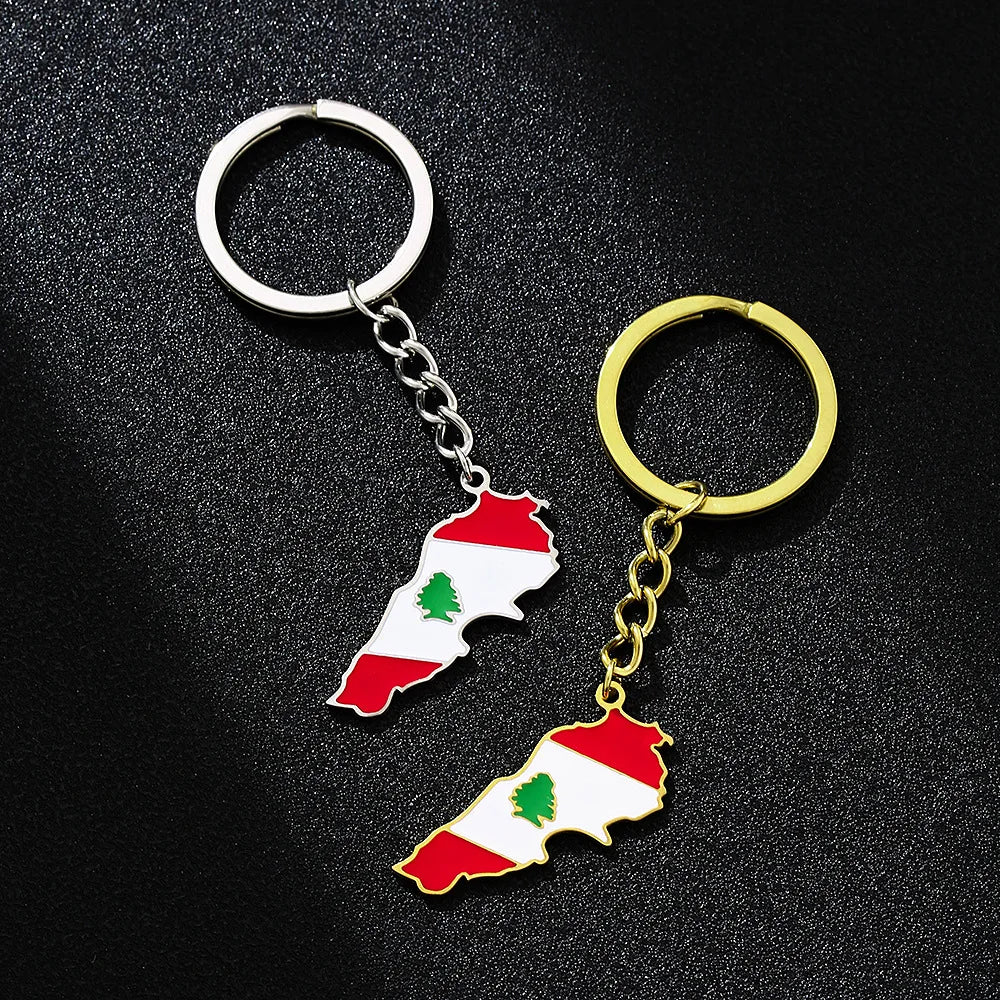 Enameled Lebanon Flag Map Charm Keychain Stainless Steel 18K Gold Plated Key Chain-3