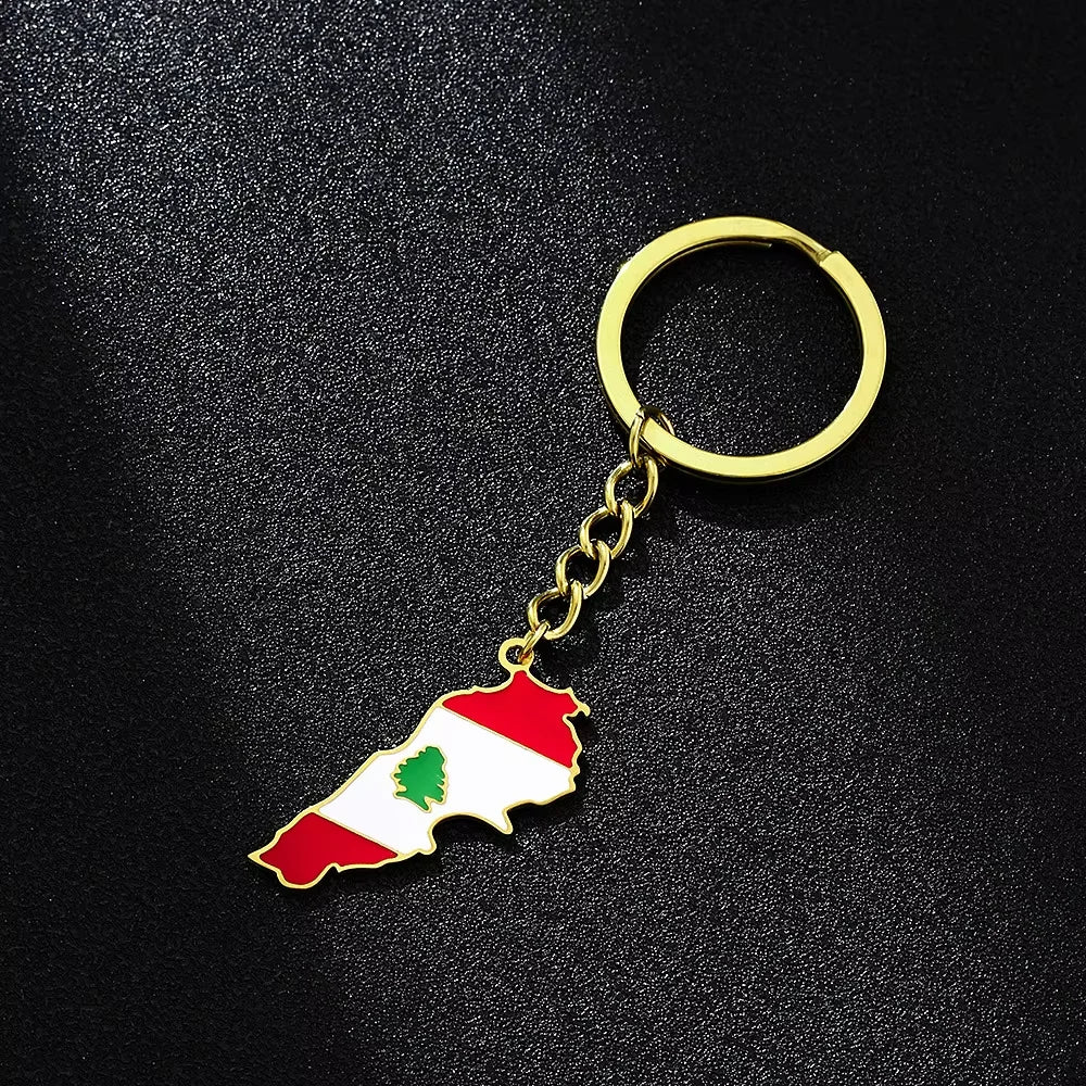 Enameled Lebanon Flag Map Charm Keychain Stainless Steel 18K Gold Plated Key Chain-9