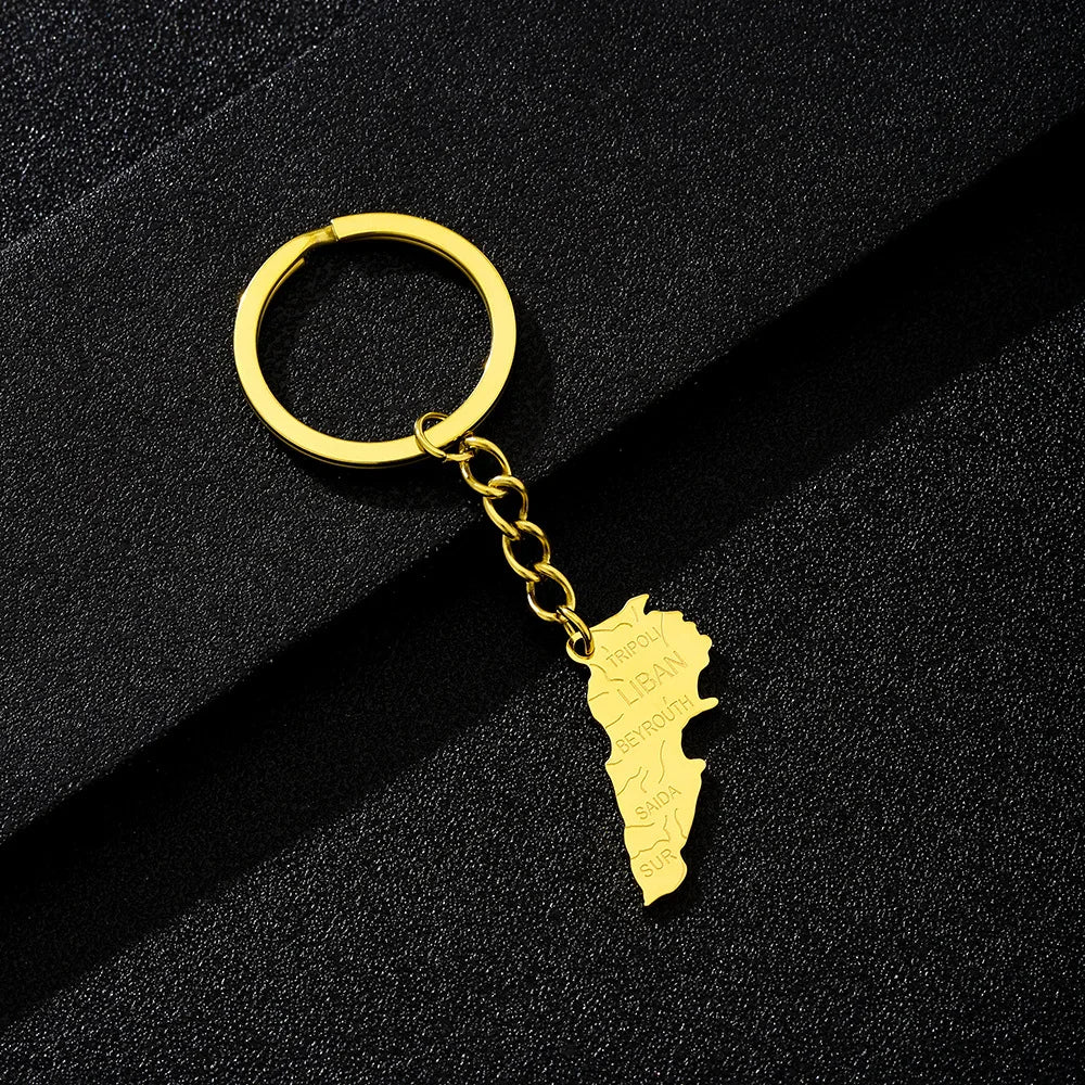 Enameled Lebanon Flag Map Charm Keychain Stainless Steel 18K Gold Plated Key Chain-11