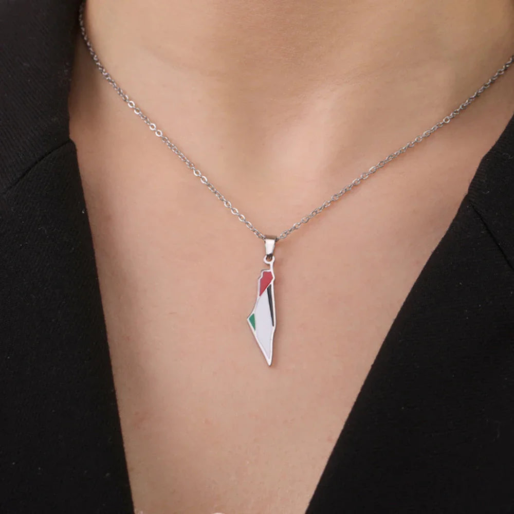 Enameled Palestine Flag Map Chain Necklace Stainless Steel 18K Gold Plated-4