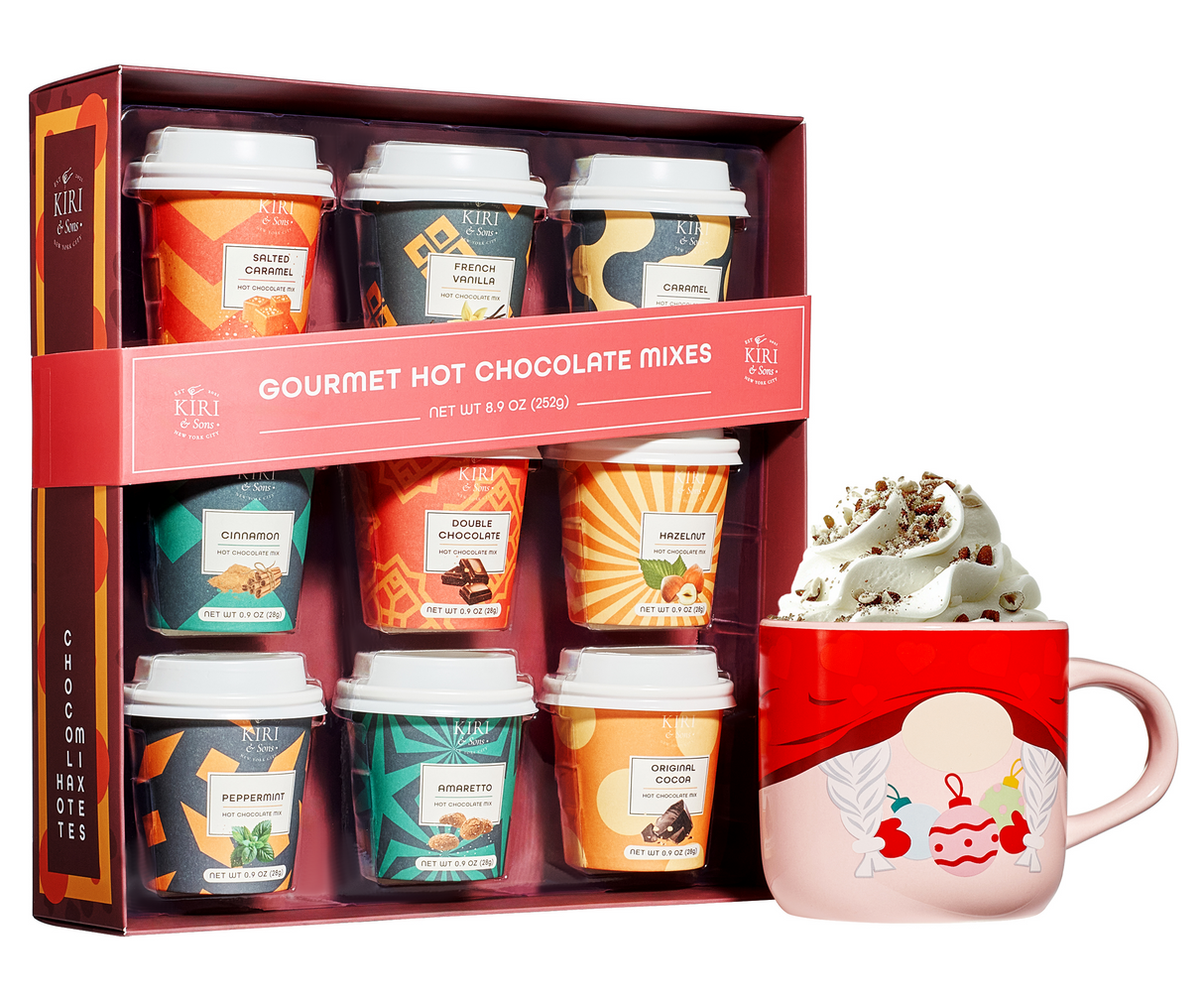 Gourmet Hot Cocoa Gift Set Cup Hot Chocolates - Set of 9 Flavors - Salted Caramel, French Vanilla, Caramel, Gingerbread, Mint, Amaretto & More - Holiday Christmas Gifts For Her, Him, Kids-0