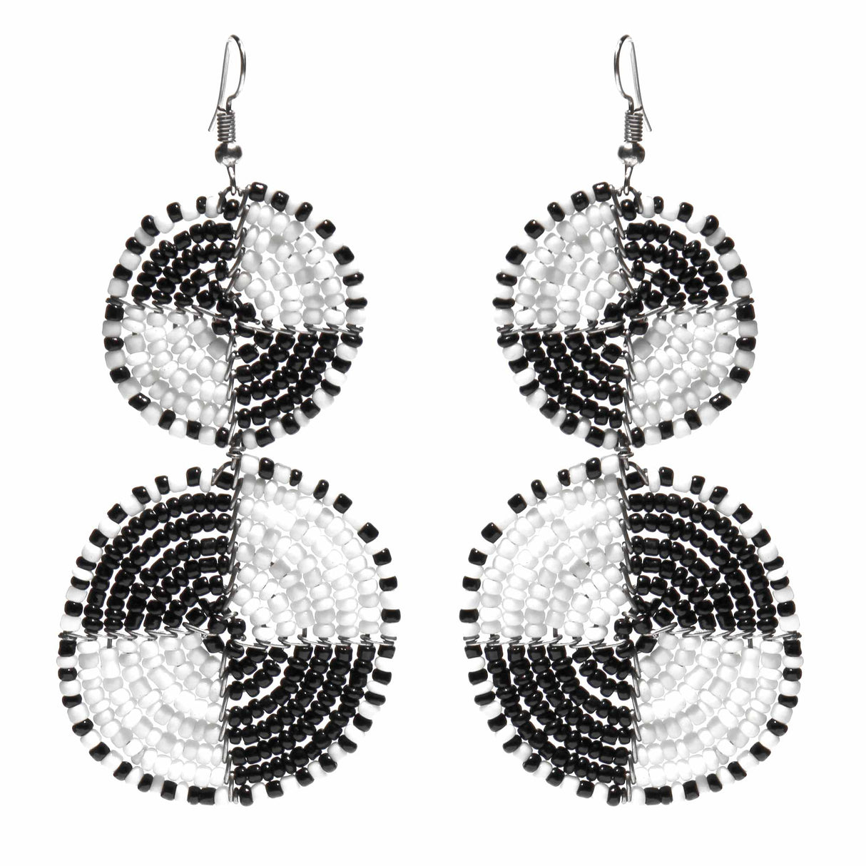 Maasai Bead Double Circle Dangle Earrings, White and Black