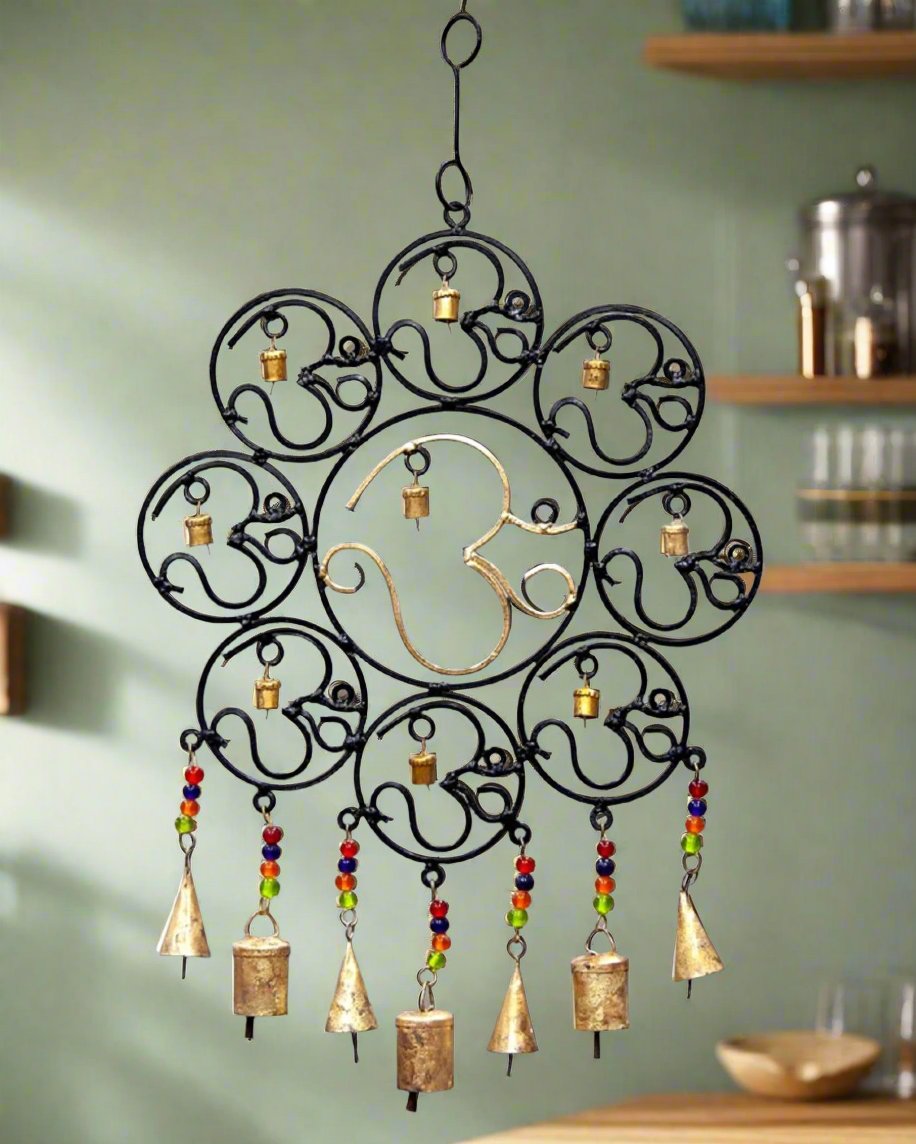 OM Brass Bells with glass beads wall hanging-1