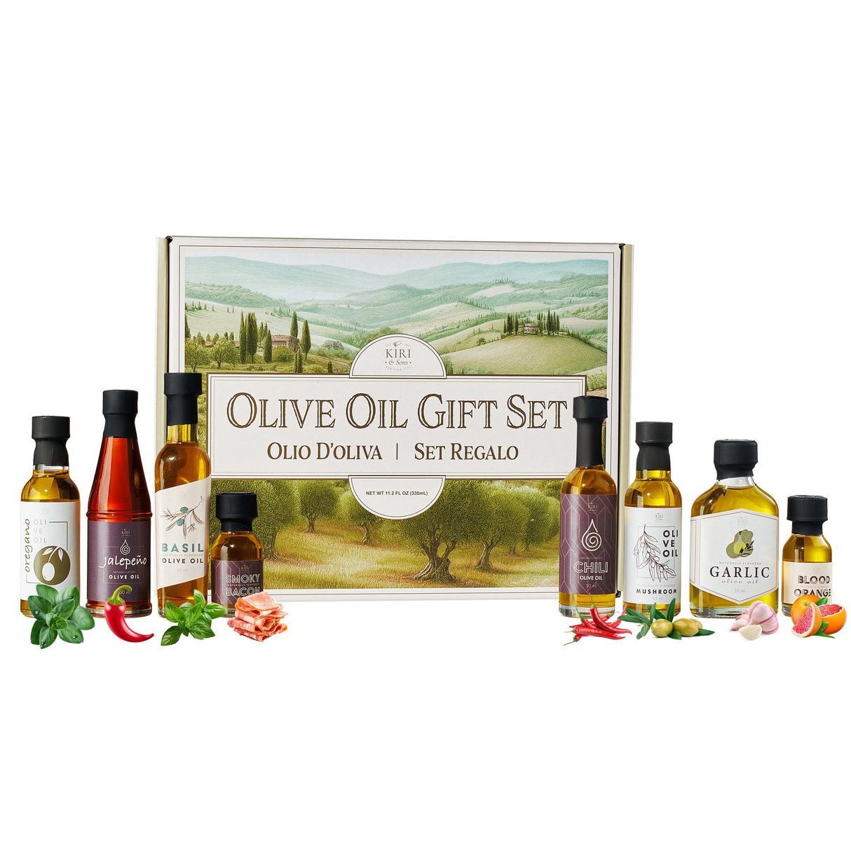 Olive Oil Gourmet Sampler Gift Set of 8 - Premium Extra-Virgin Olive Oil Made In Spain, Natural Flavors Include Mushroom, Chili, Garlic, Oregano, Blood Orange, Smoky Bacon, Jalapeno, Basil-0