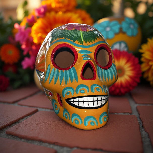 Sugar Skull Large Double Fired Ceramic 6" x 7" Mexico Folk Art