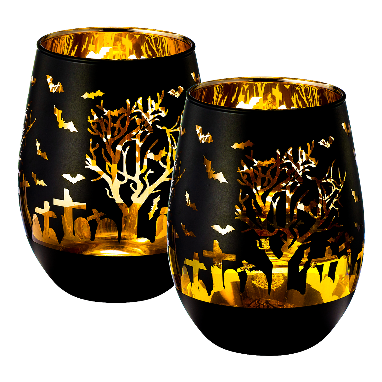 Crystal Halloween Stemless Wine Glass - Set of 2 - Themed Vibrant Black & Gold Etched Spooky Graveyard Pattern Frosted Glass, Perfect for Themed Gothic Parties Trick Or Treat Gift For Him Her (16 OZ)-0