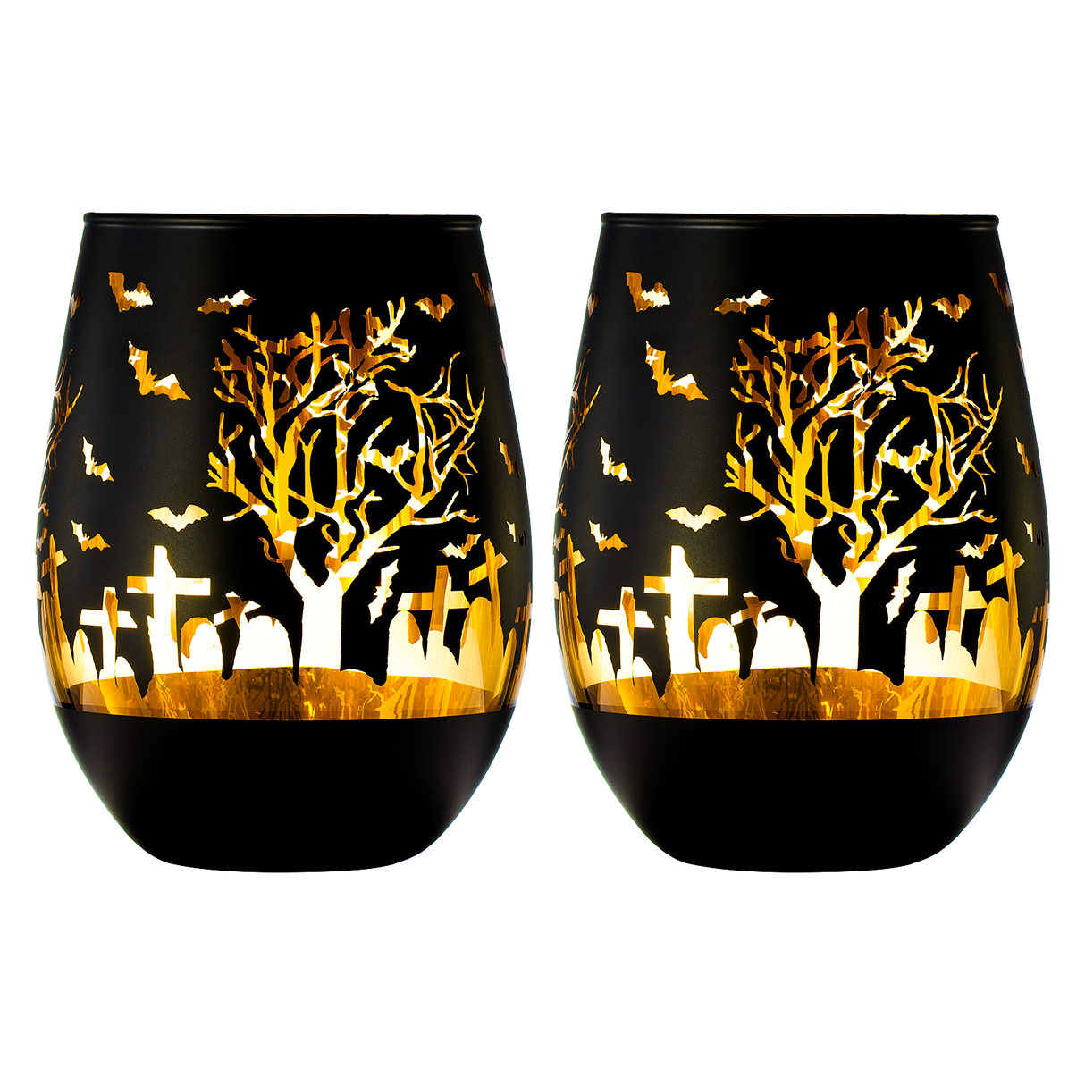 Crystal Halloween Stemless Wine Glass - Set of 2 - Themed Vibrant Black & Gold Etched Spooky Graveyard Pattern Frosted Glass, Perfect for Themed Gothic Parties Trick Or Treat Gift For Him Her (16 OZ)-3