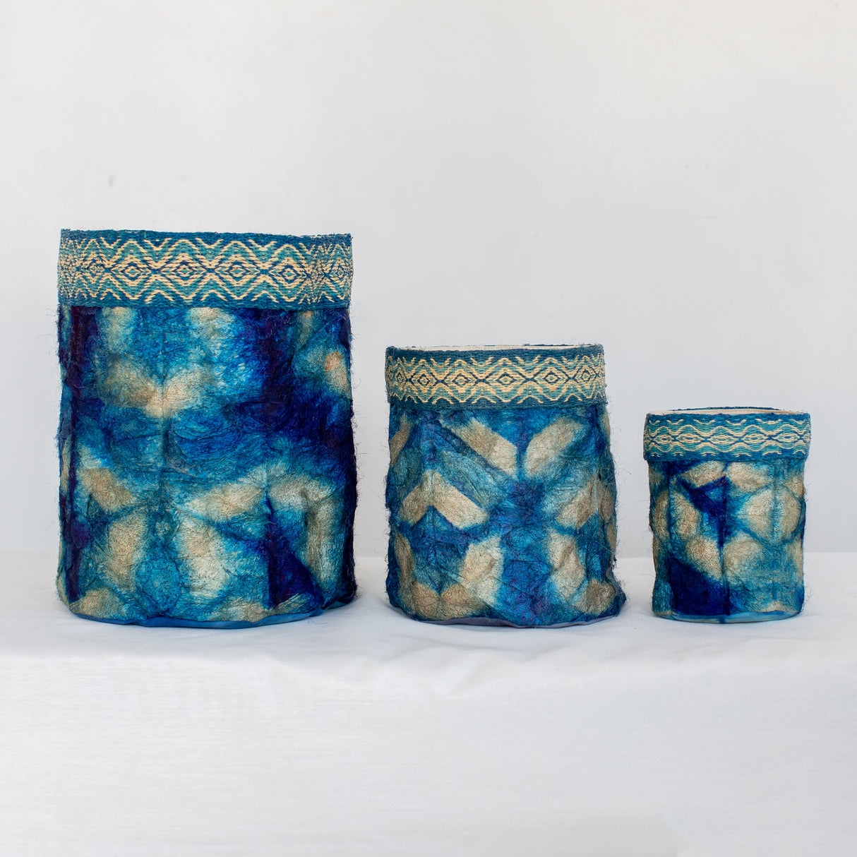 Wild Silk Shibori Baskets - Turtle Pattern - Sapphire & Natural