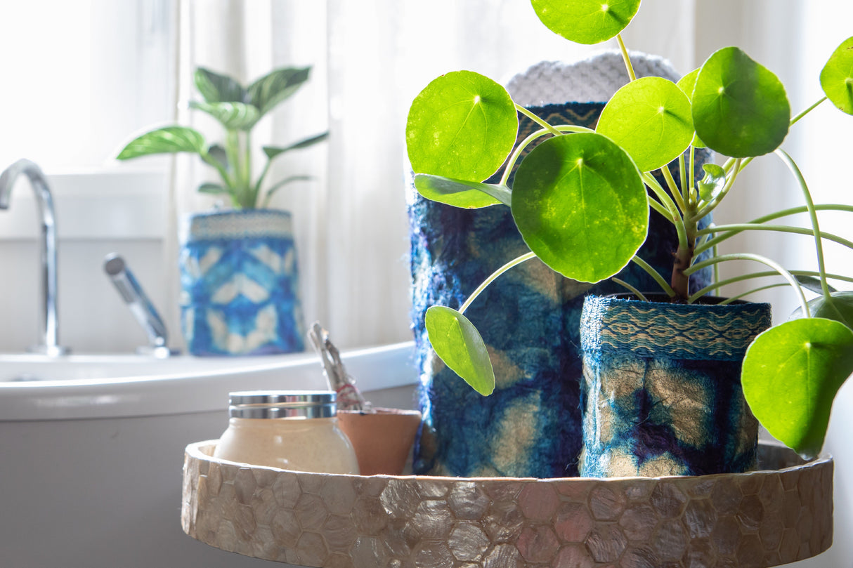 Wild Silk Shibori Baskets - Turtle Pattern - Sapphire & Natural