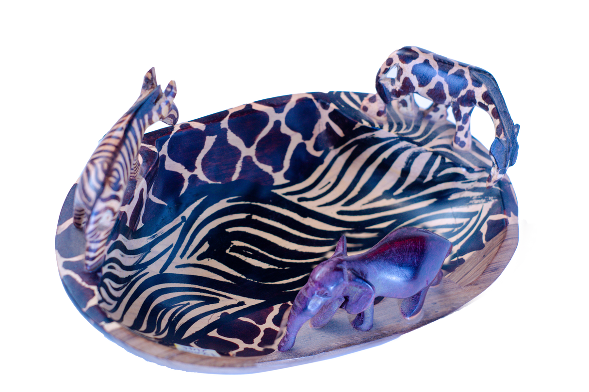 Handmade Animal Bowl with Elephant, Giraffe, and Zebra Figurines