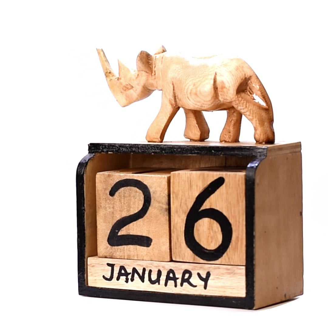 Handmade Wooden Box Calendar With Rhino Figurine 2