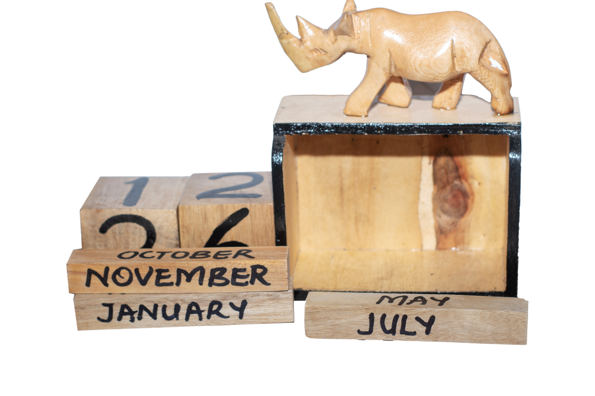Handmade Wooden Box Calendar With Rhino Figurine 4
