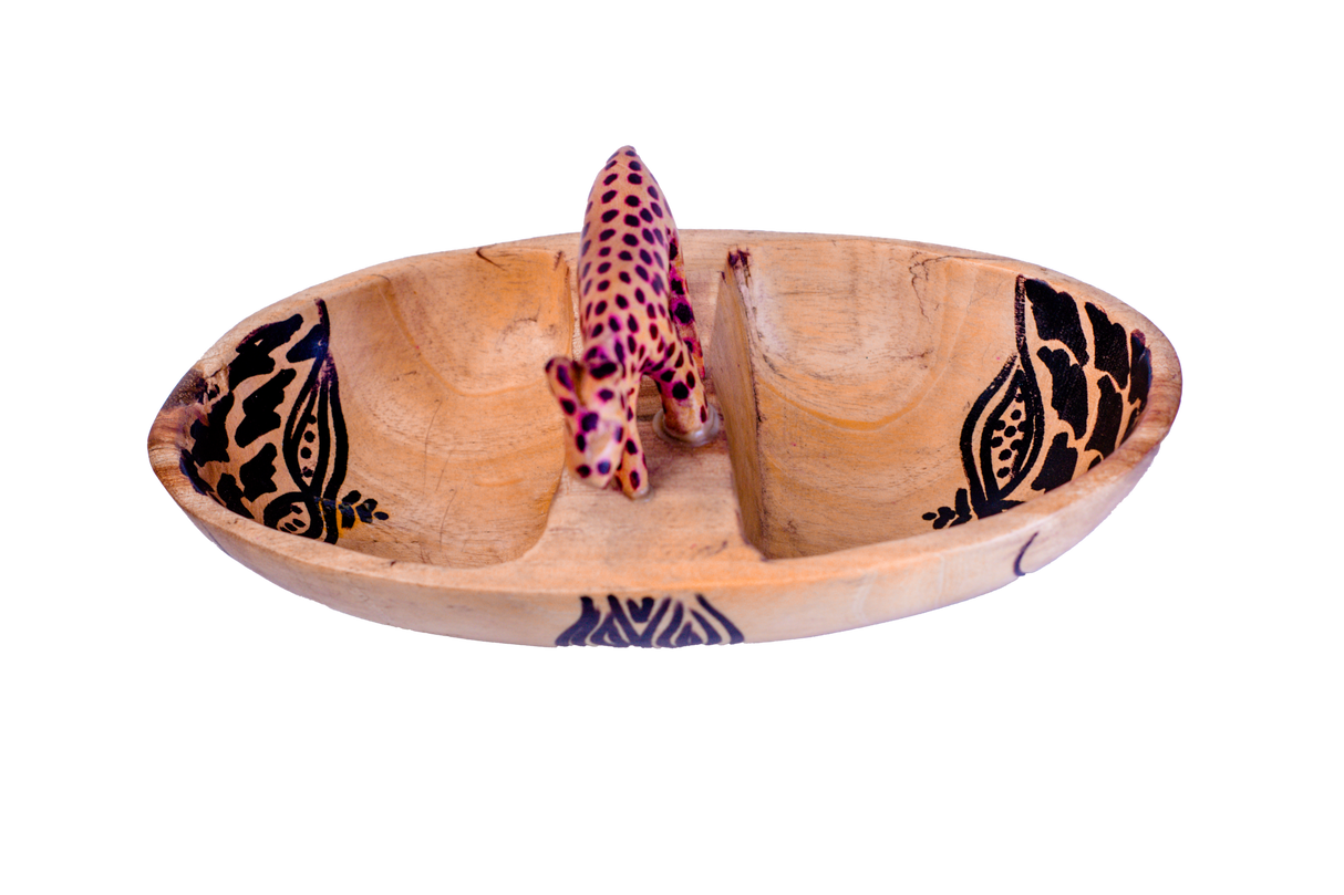 Oval Bowl with Two Compartments & Cheetah Figurine