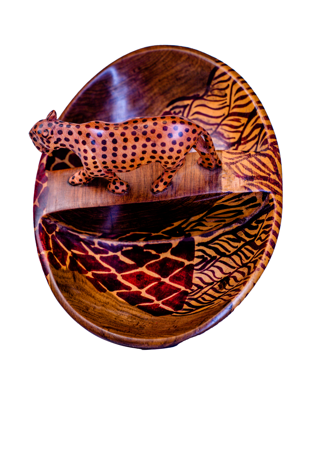 Oval Bowl with Two Compartments & Cheetah Figurine – Dark Brown
