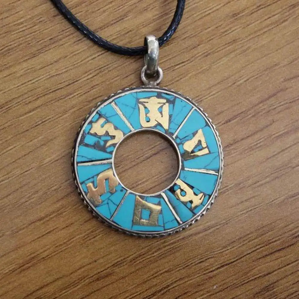 Handmade Nepal Circle 33mm Pendant Necklace Ethnic Tibetan Six Mantras