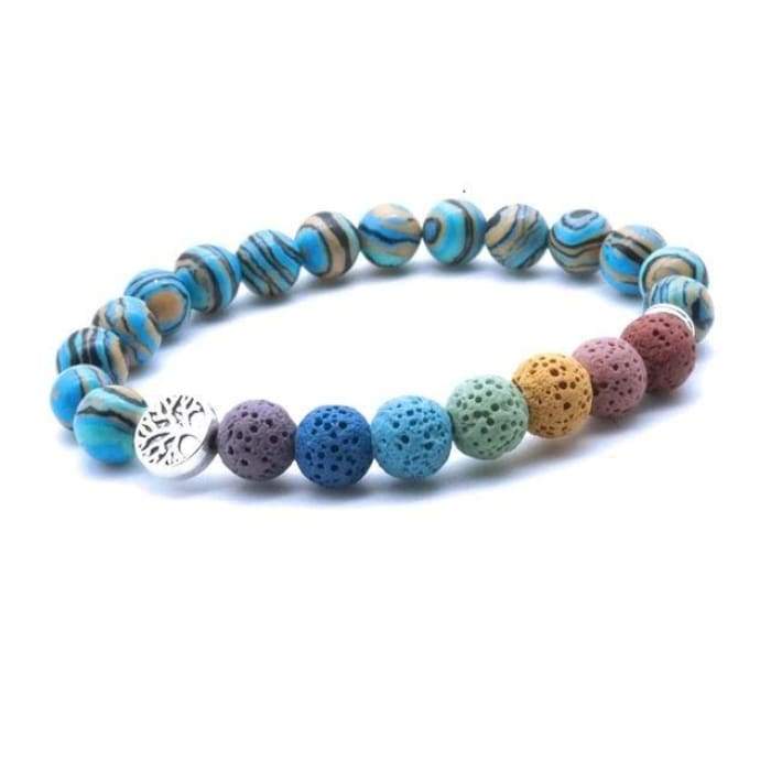 Tree of Life Seven Chakra and Turquiose Brown Lava Stone Bracelet