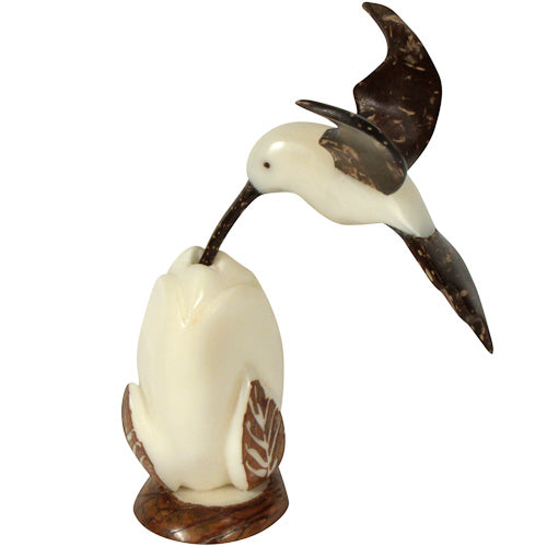 Humming Bird w/ Coconut Wings and Flower Tagua Nut Figurine
