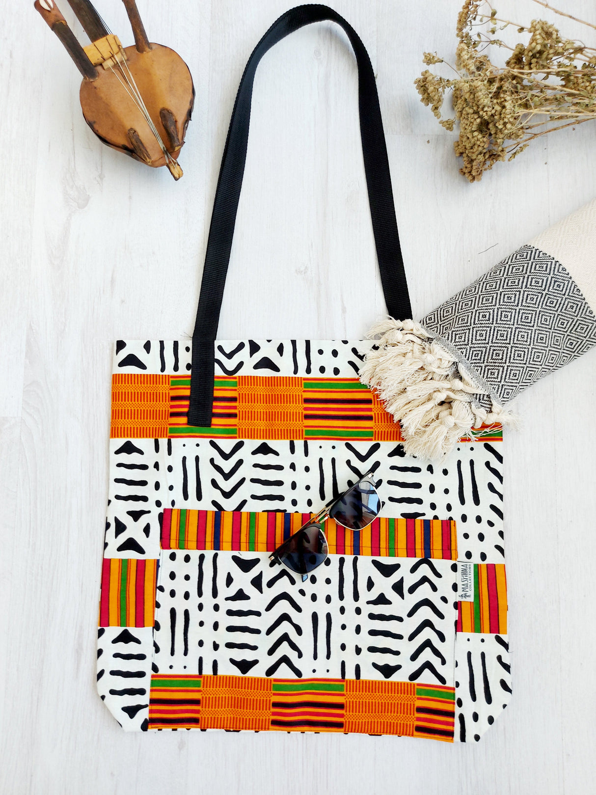 Handmade African Print Tote Bag | Beach Bag | Shopping Bag | Mudcloth Print-6