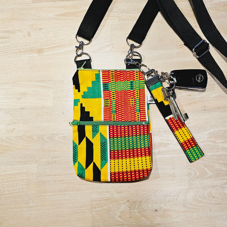 Handmade Phone Bag and Keyfob Set  | African Ankara Print Fabric | Vegan Leather Detail | Adjustable Shoulder Strap-0