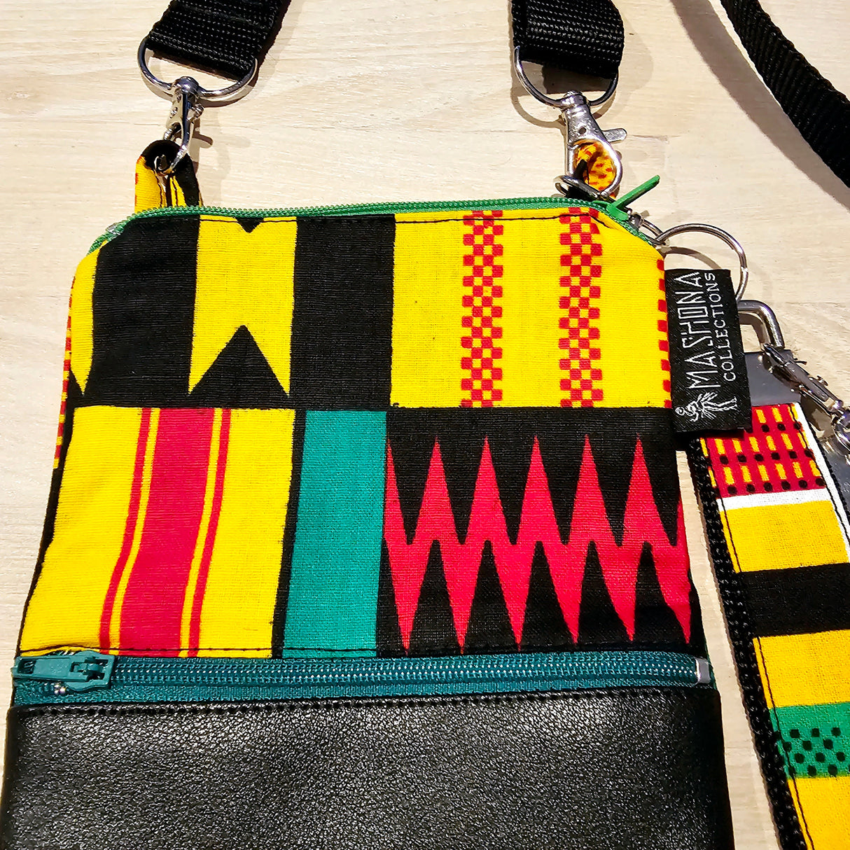 Handmade Phone Bag and Keyfob Set  | African Ankara Print Fabric | Vegan Leather Detail | Adjustable Shoulder Strap-1