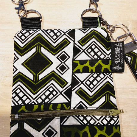 Handmade Phone Bag and Keyfob Set  | African Ankara Print Fabric | Vegan Leather Detail | Adjustable Shoulder Strap-1