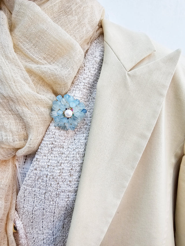 Handcrafted Flower Shape Natural Aquamarine Brooch LP003-0